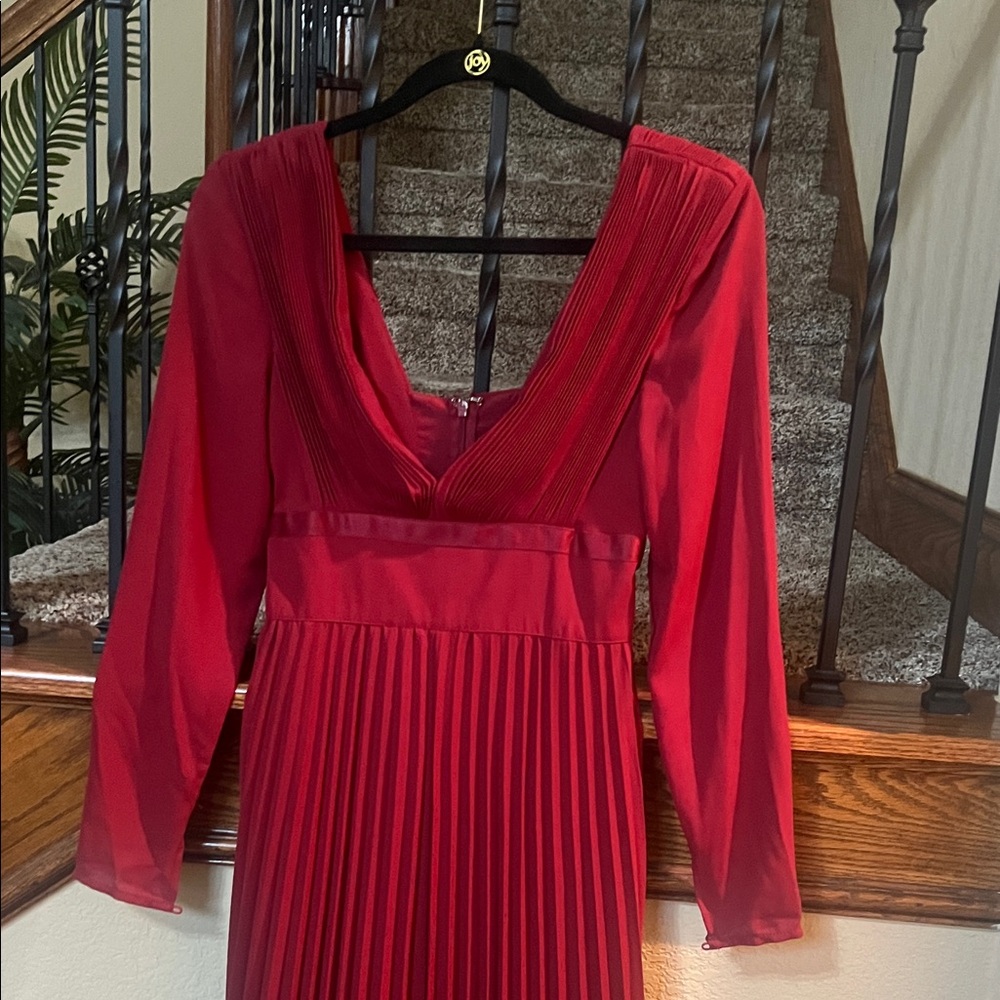 ASOS Red Long-Sleeve Pleated V-Neck Dress